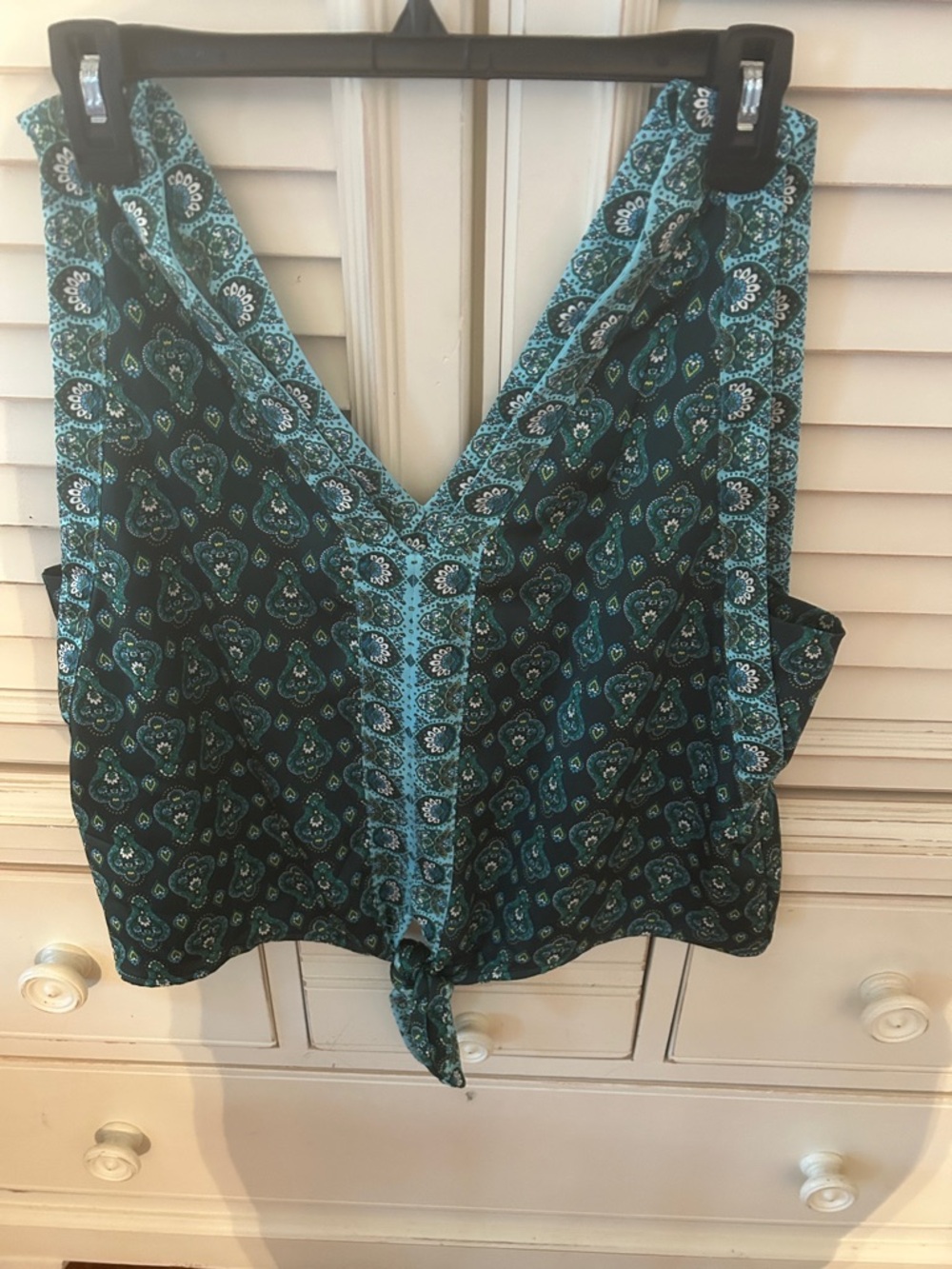 LOFT Teal Paisley Tie-Front top- size L